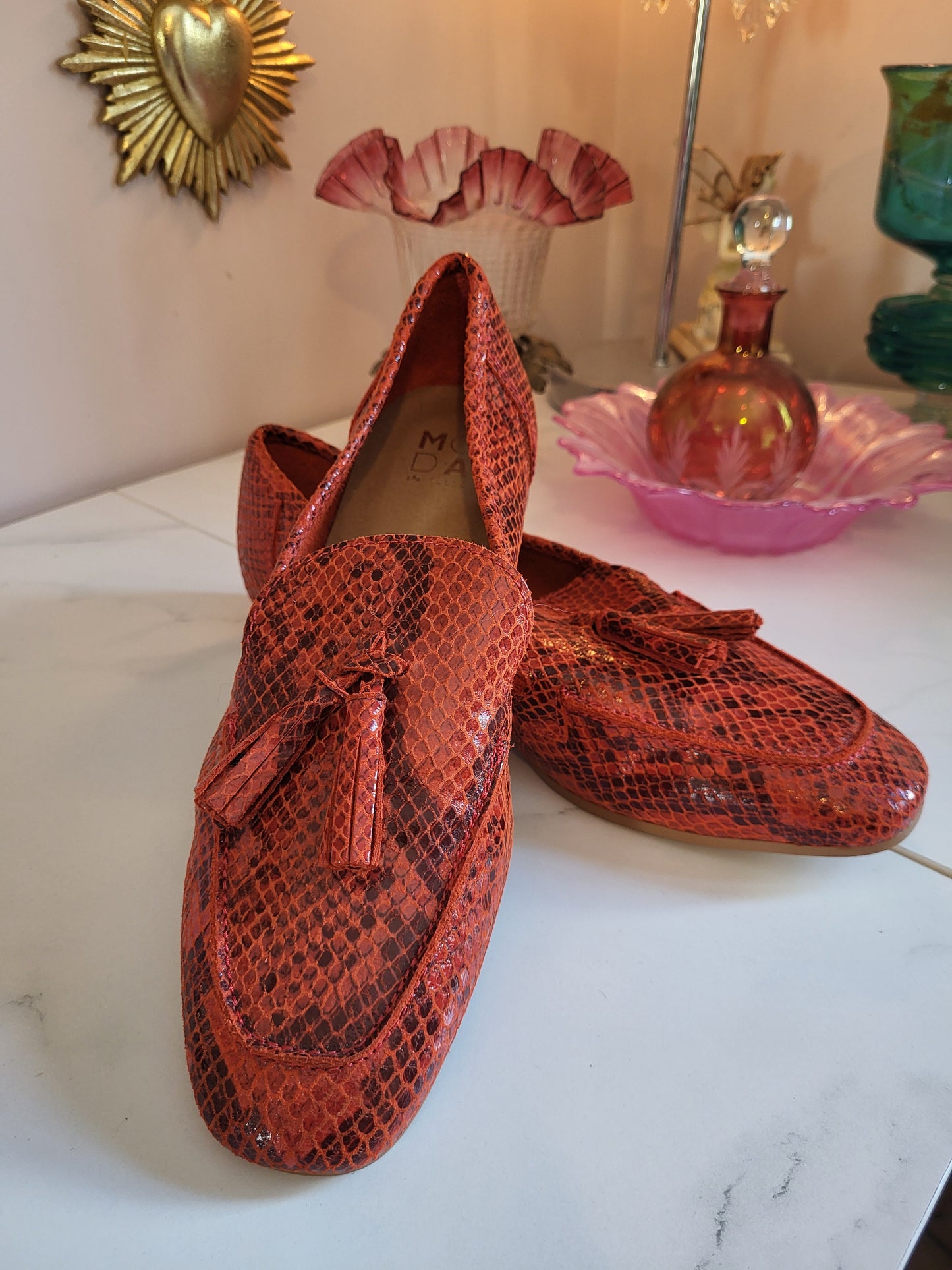 Moda in Pelle Leather Burnt Orange Faux Snakeskin Loafers