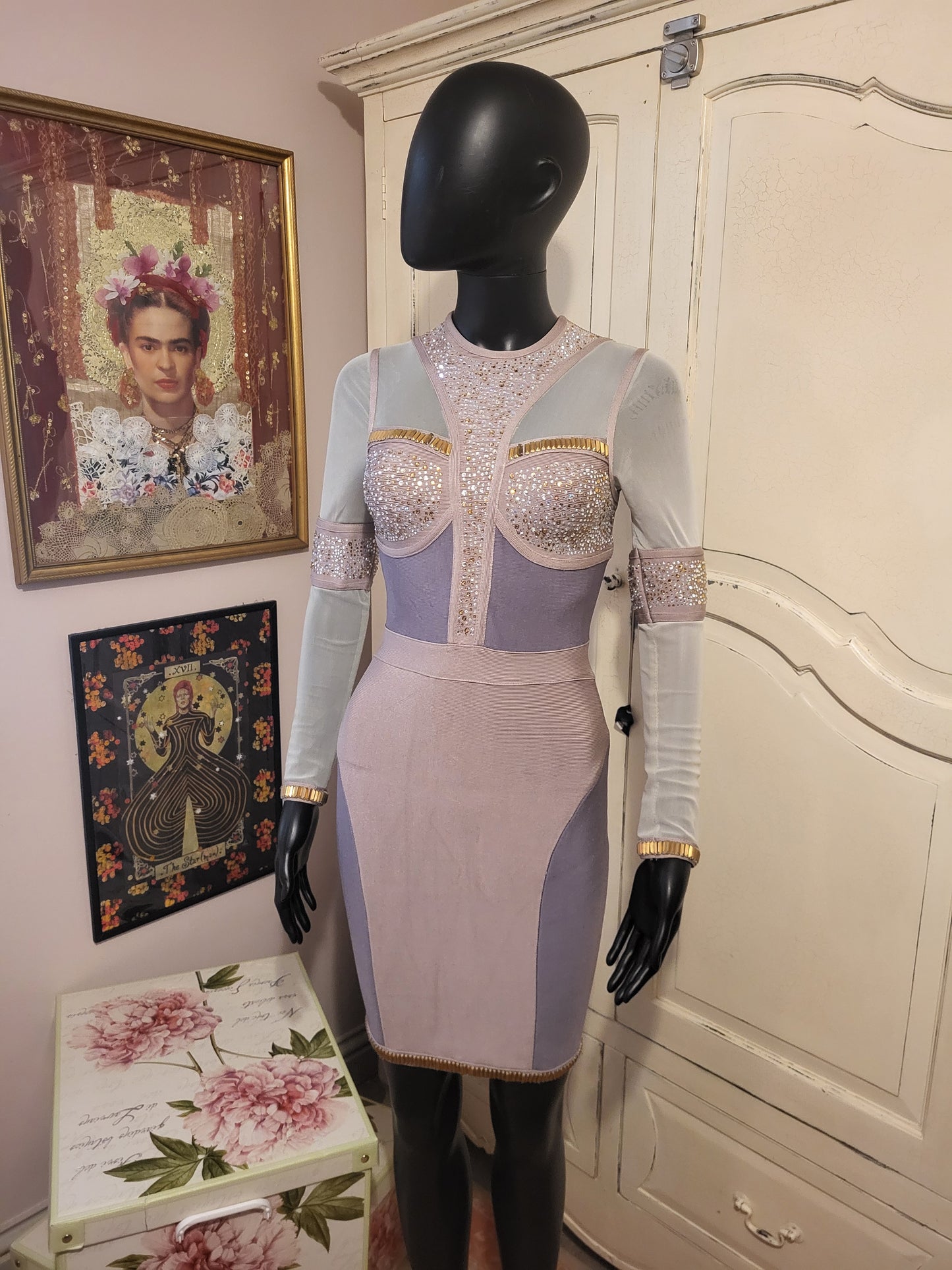 Mesh and Faux Diamante Bandage Dress