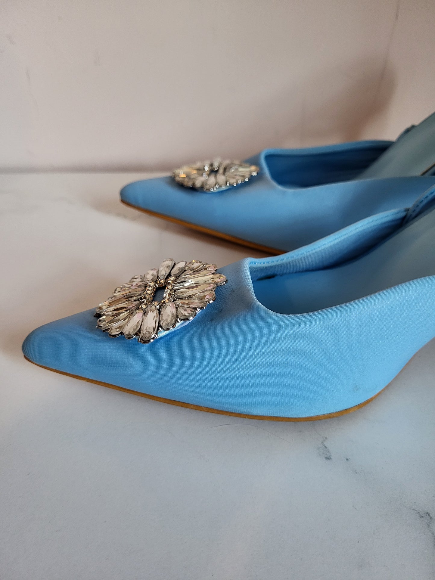 Cornflower Blue Diamante Sling back Heels in the style of Manolo Blahnik