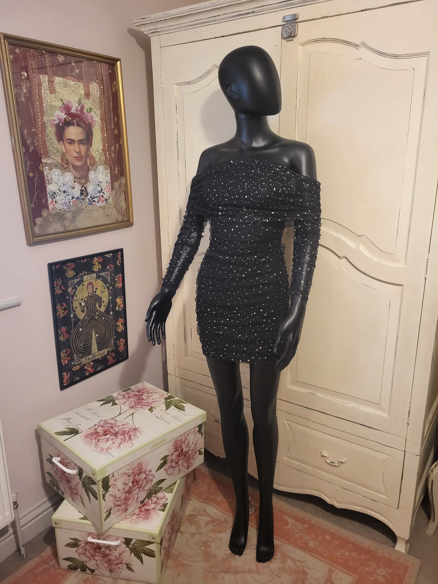 Sheer Off the Shoulder Diamante Black Mini Dress