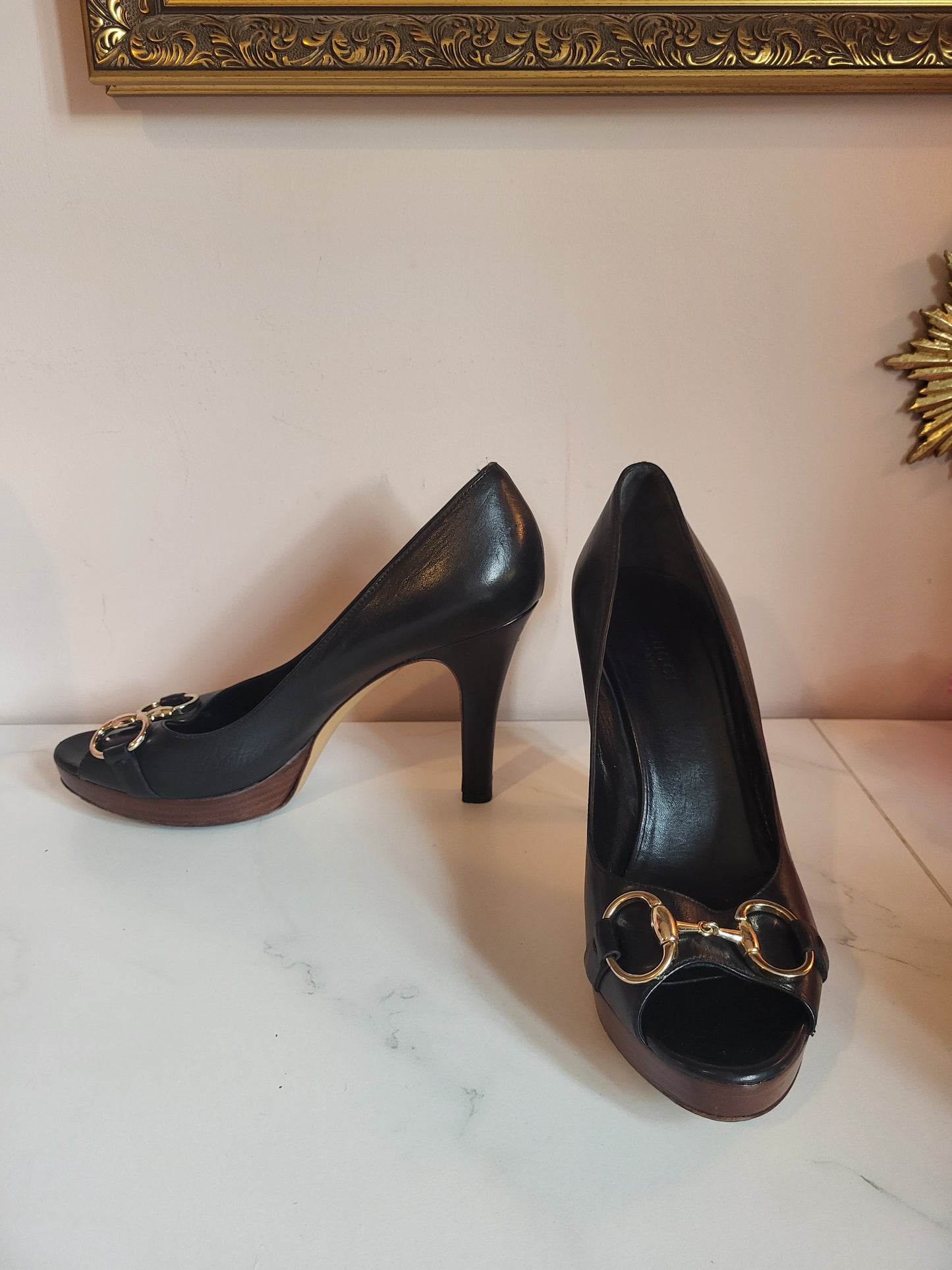 Gucci Black Classic Horsebit Peep Toe Platform Heels