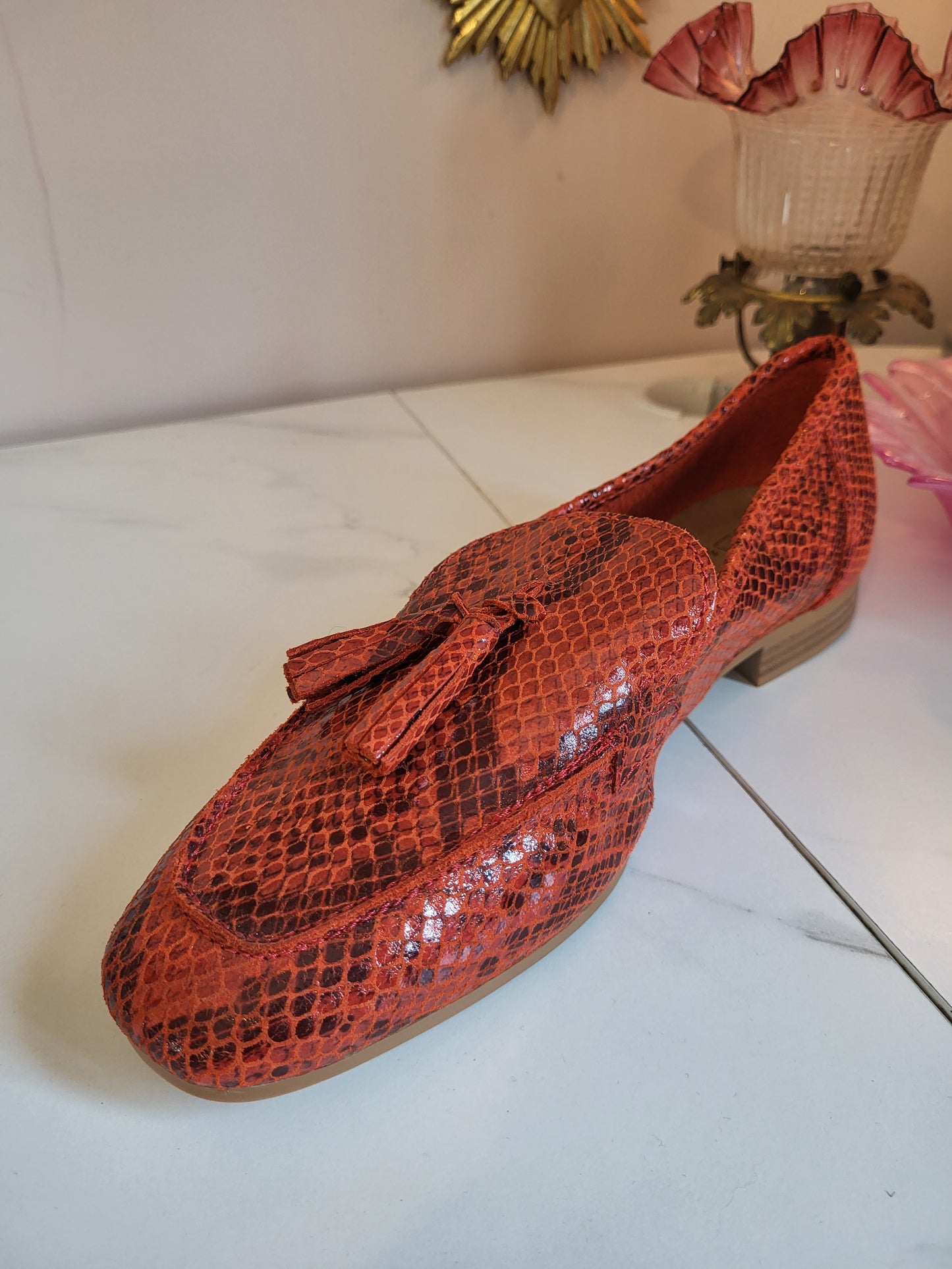 Moda in Pelle Leather Burnt Orange Faux Snakeskin Loafers