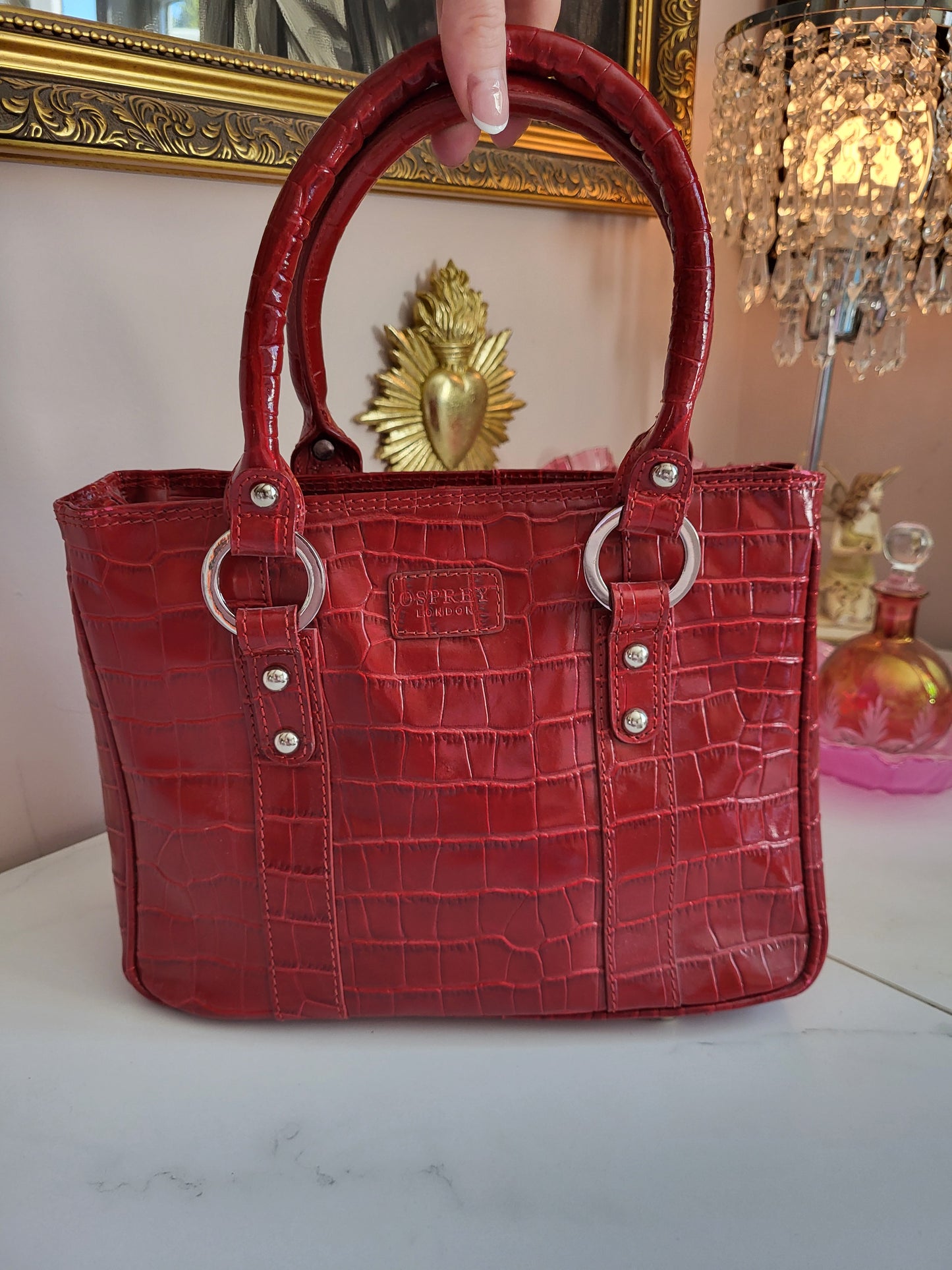 Red Patent Croc Osprey Tote Handbag