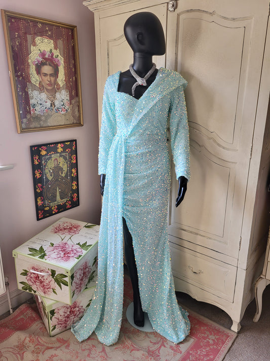 Aquamarine Full Length Sequin Embellished Gown