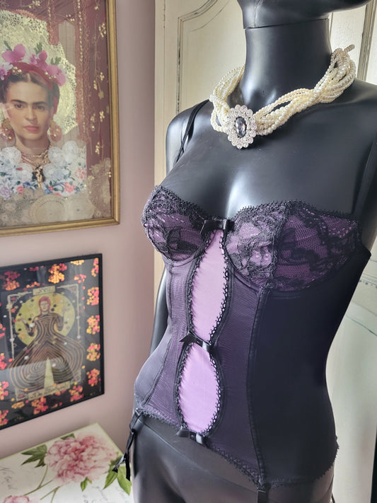 Vintage Aubade Lilac and Black Lace Basque