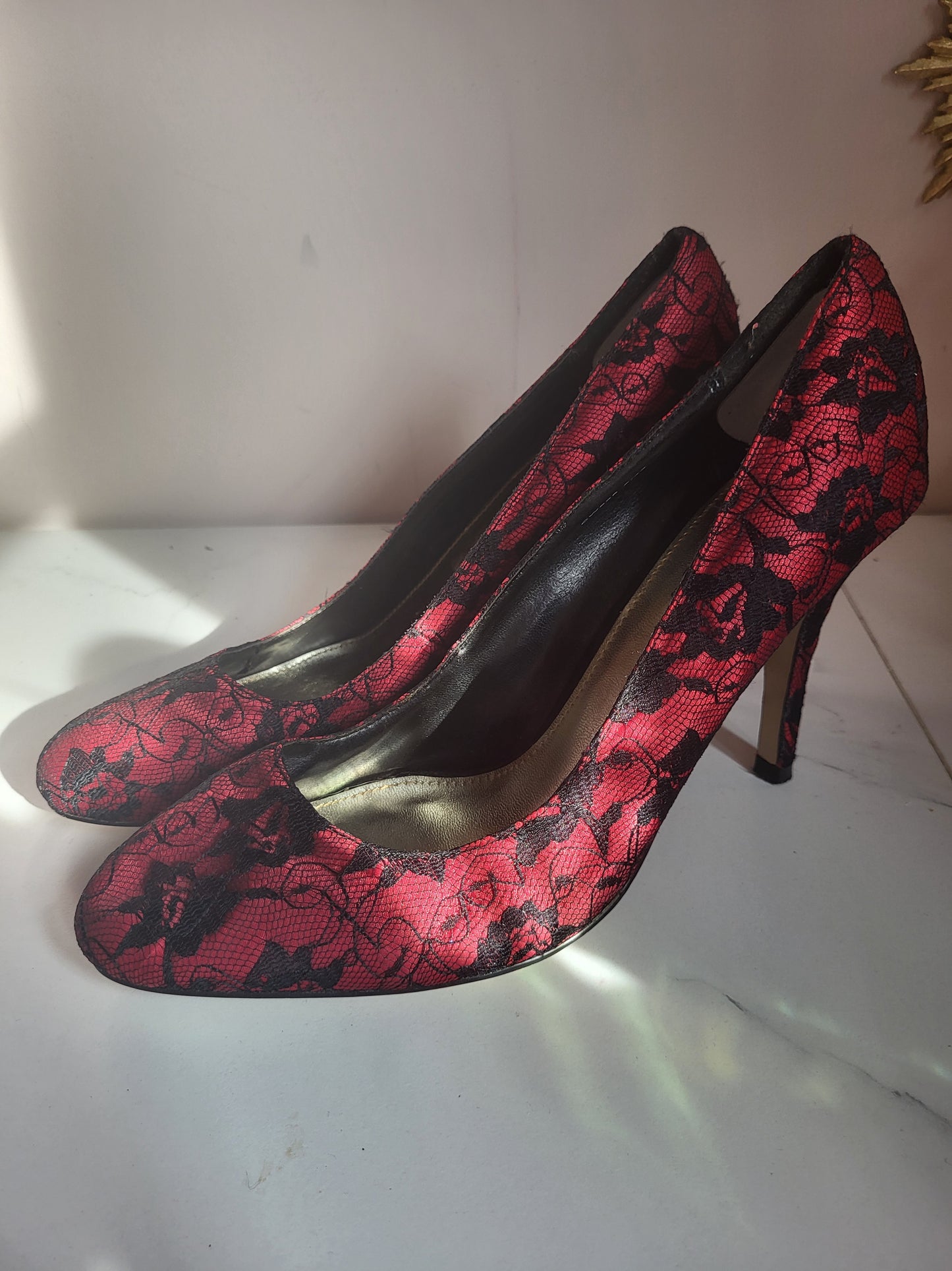 Crimson and Black Lace Detail Court Heels