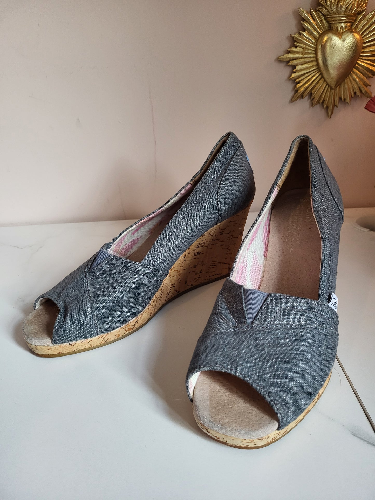 TOMS Grey Canvas Peep Toe Wedges