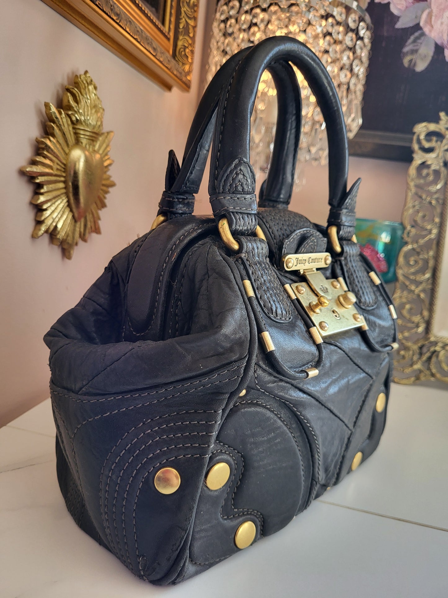 Vintage Juicy Couture Black Leather Satchel with Brass Hardware