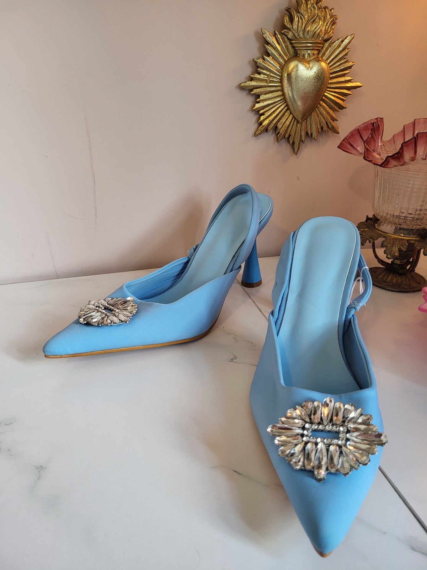 Cornflower Blue Diamante Sling back Heels in the style of Manolo Blahnik