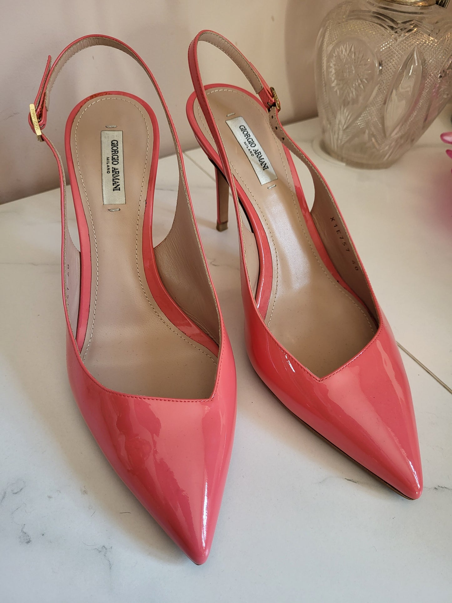 Giorgio Armani Patent Coral Slingback Heels