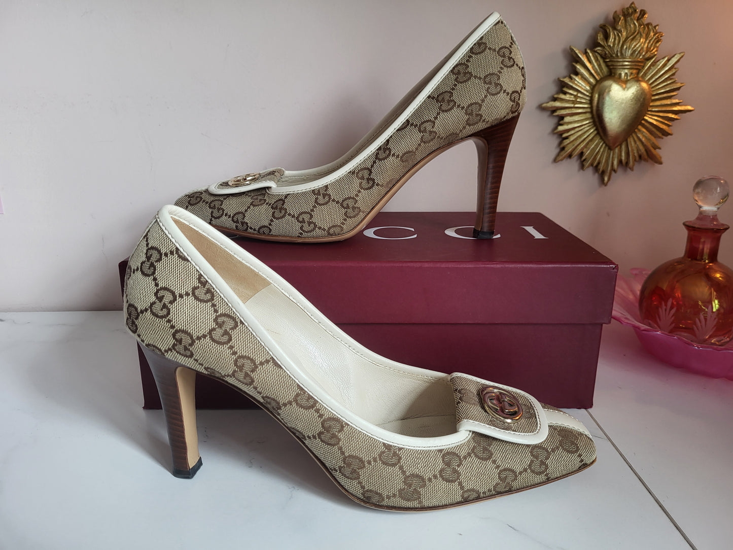 Gucci Classic Print Court Heels with Brass Emblems
