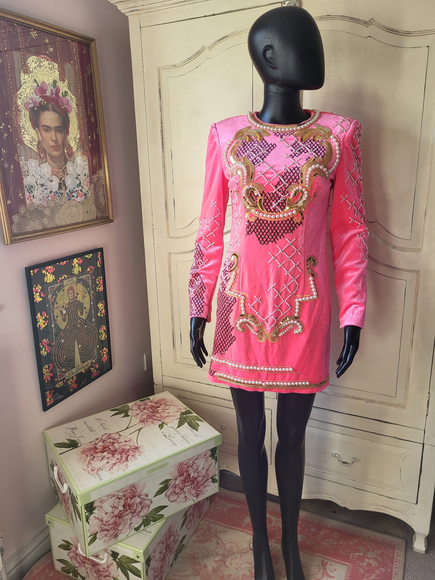 Velour Neon Pink Embellished Shift Dress