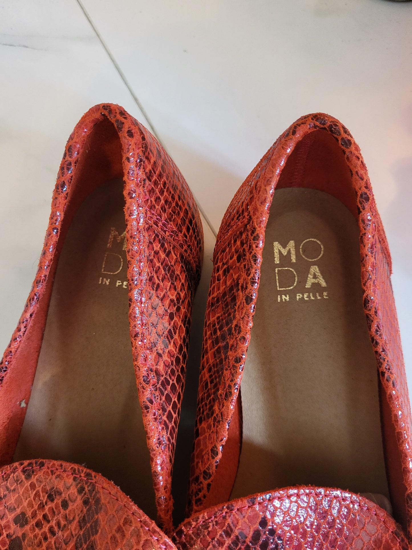 Moda in Pelle Leather Burnt Orange Faux Snakeskin Loafers