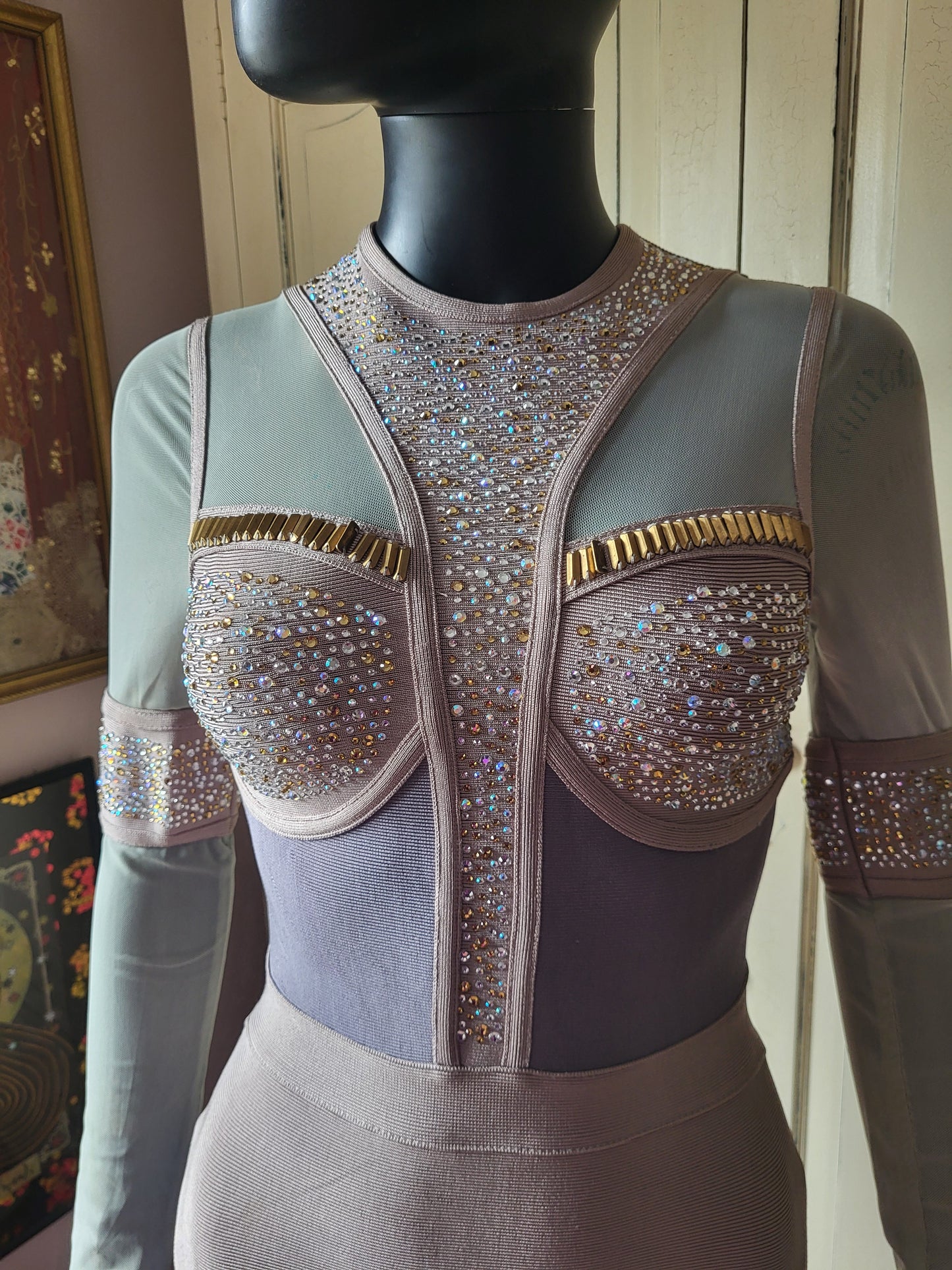 Mesh and Faux Diamante Bandage Dress