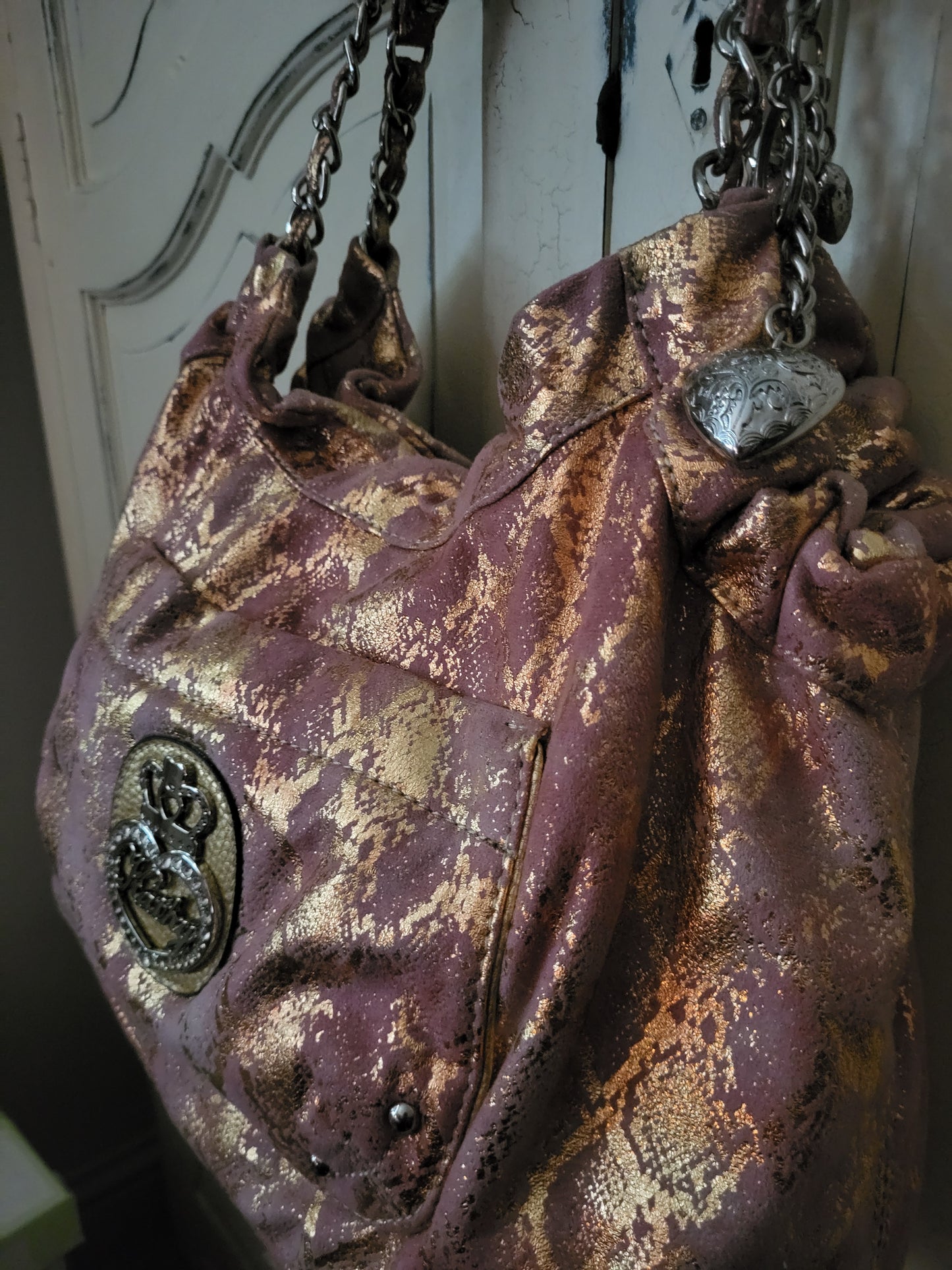 Kathy Van Zeeland Pink and Gold Hobo Slouch Bag