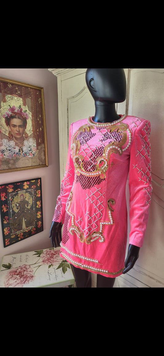 Velour Neon Pink Embellished Shift Dress