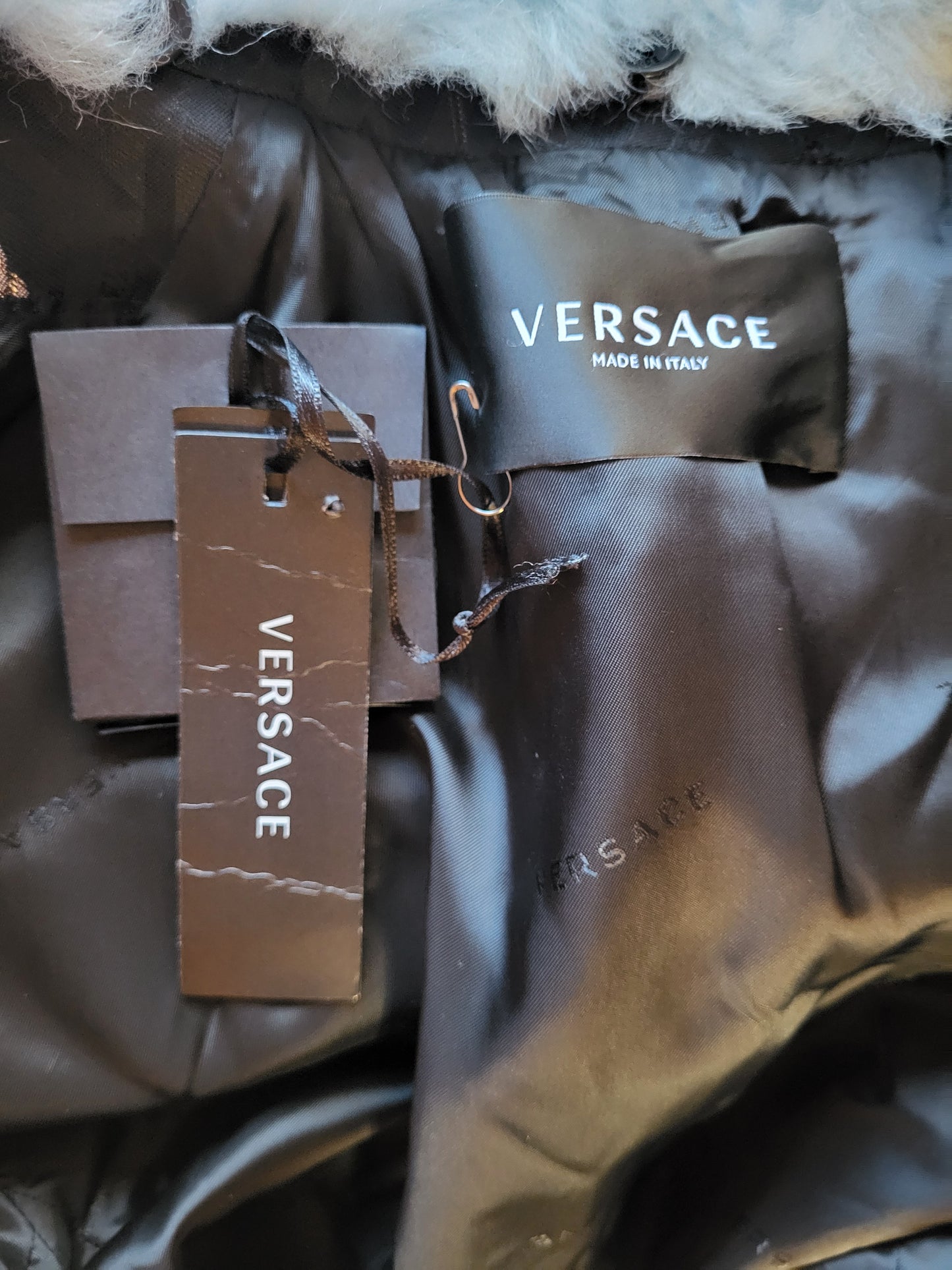 Versace Blue Faux Fur Collar Brocade Coat