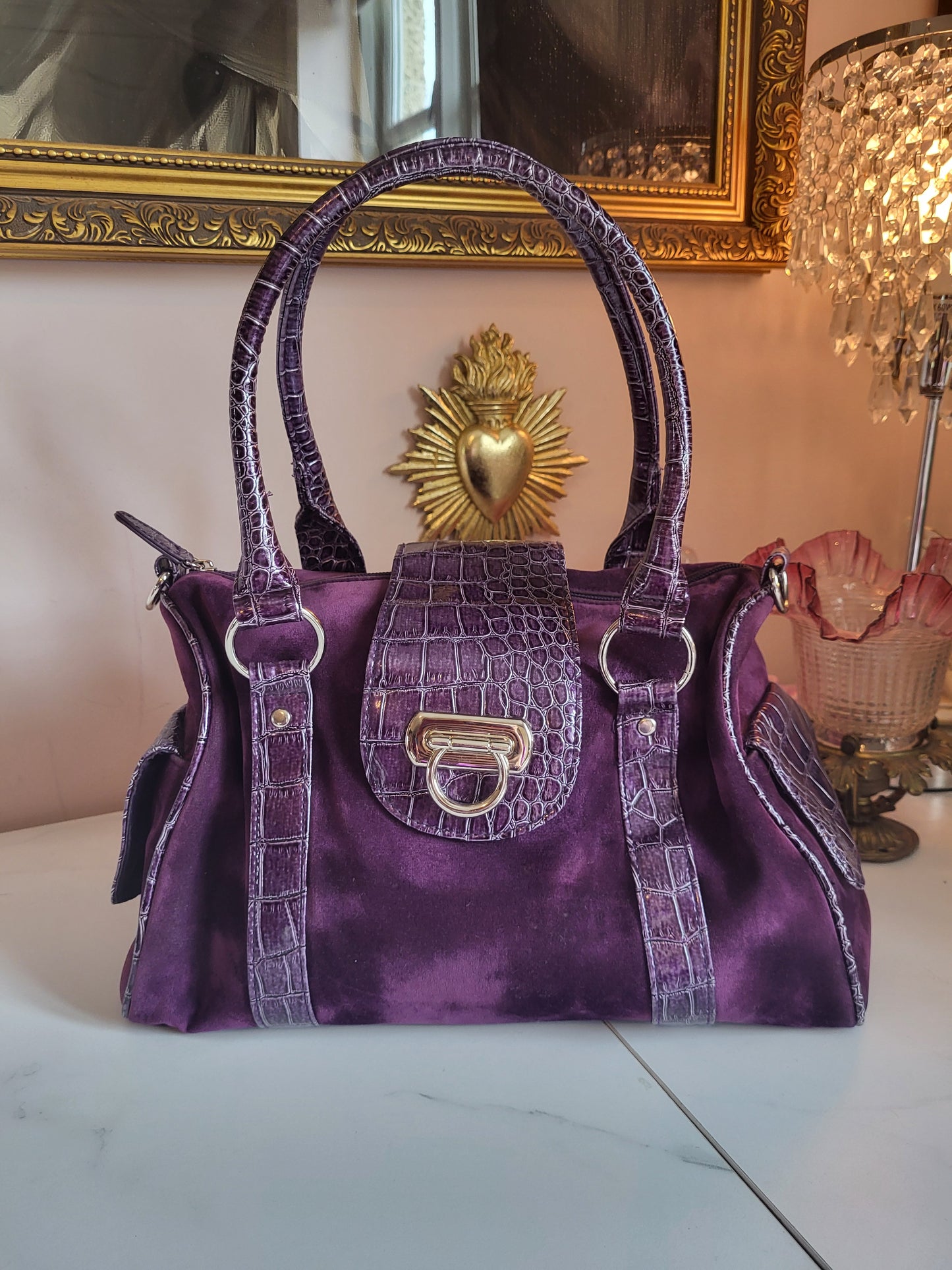 Midnight Purple Velour Tote Bag with Faux Croc Detailing