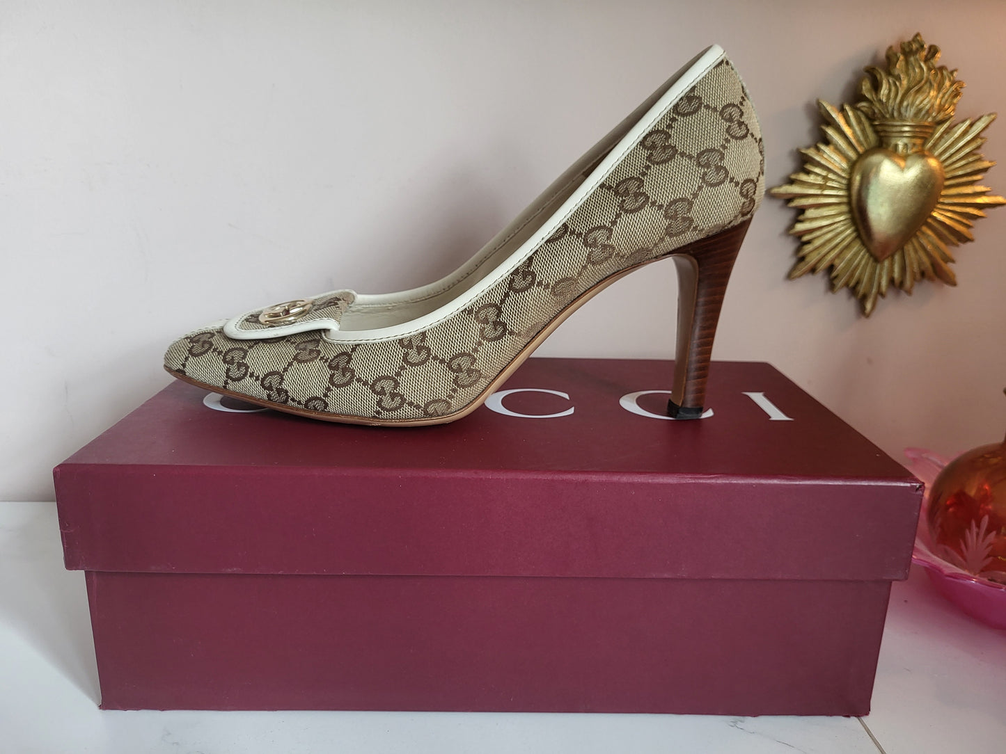 Gucci Classic Print Court Heels with Brass Emblems