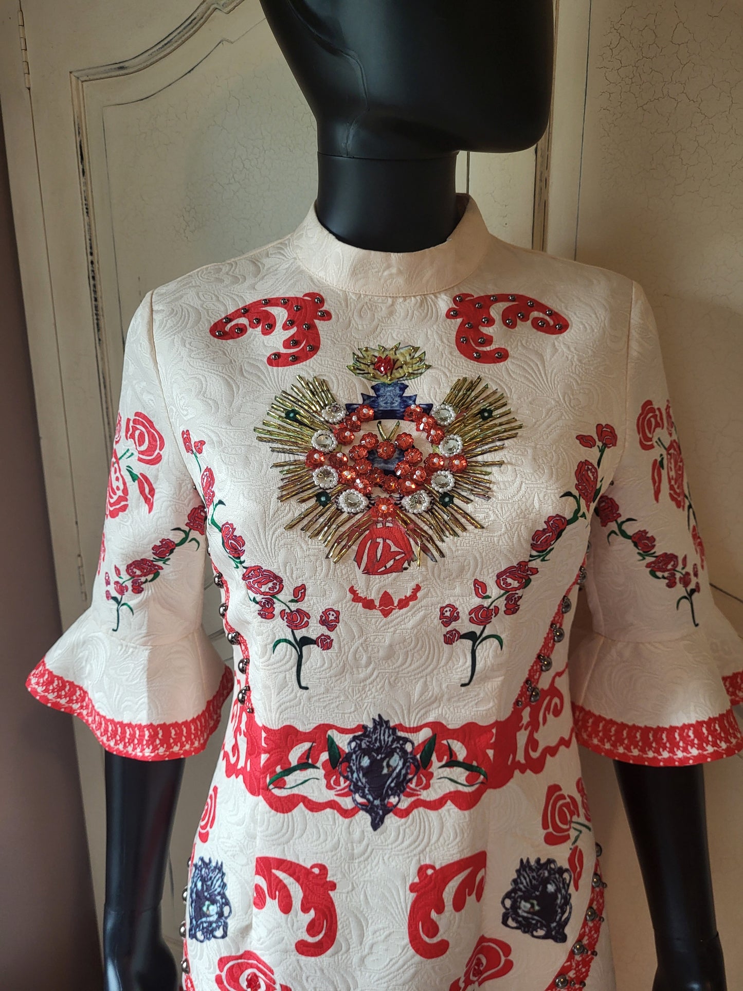 Comino Couture Cream and Red Embellished Dress