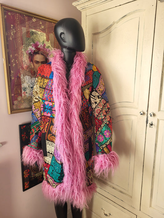 Handmade Afghan Coat with Pink Shearling
