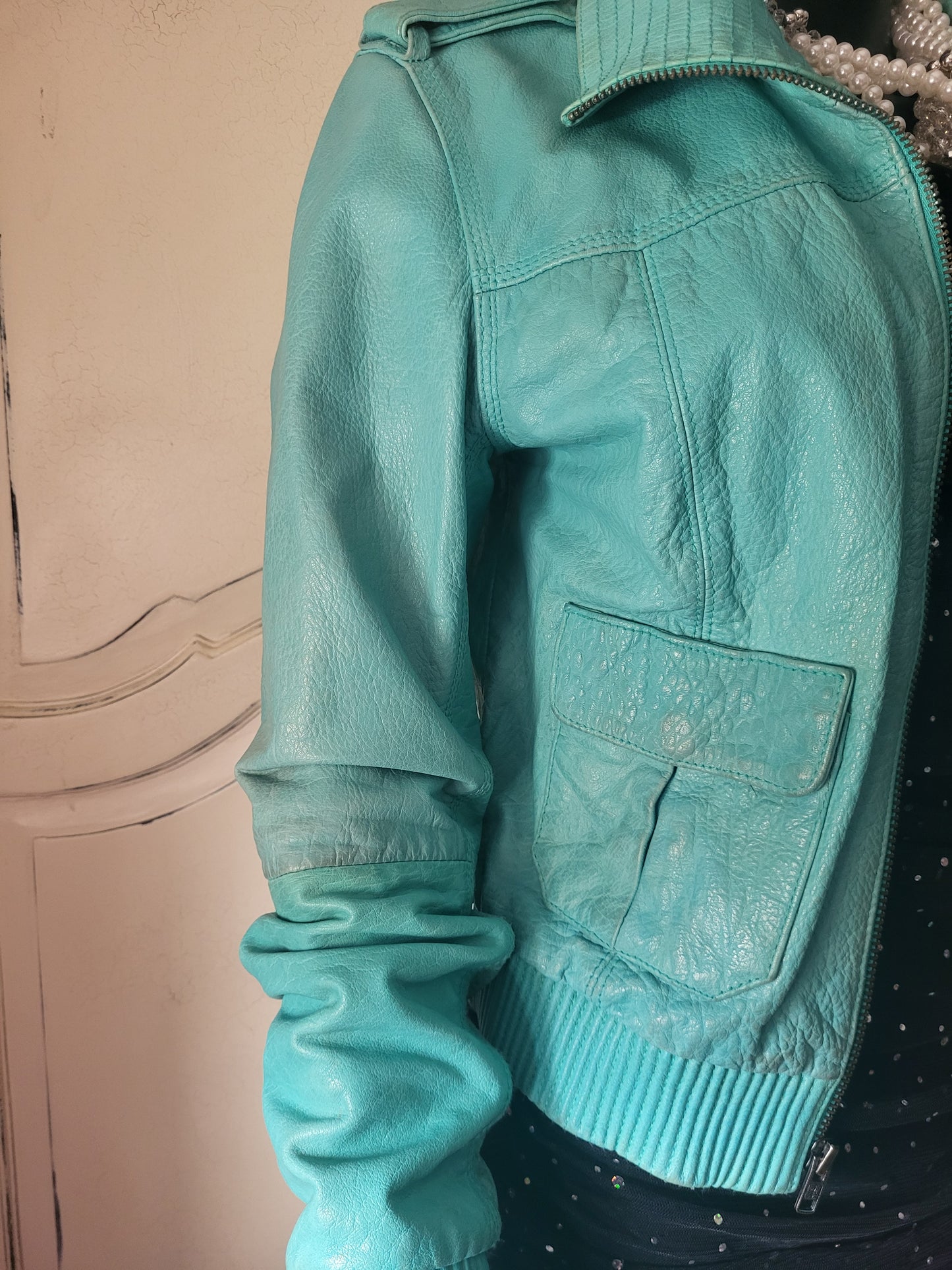 Vintage Superdry Aquamarine Leather Jacket