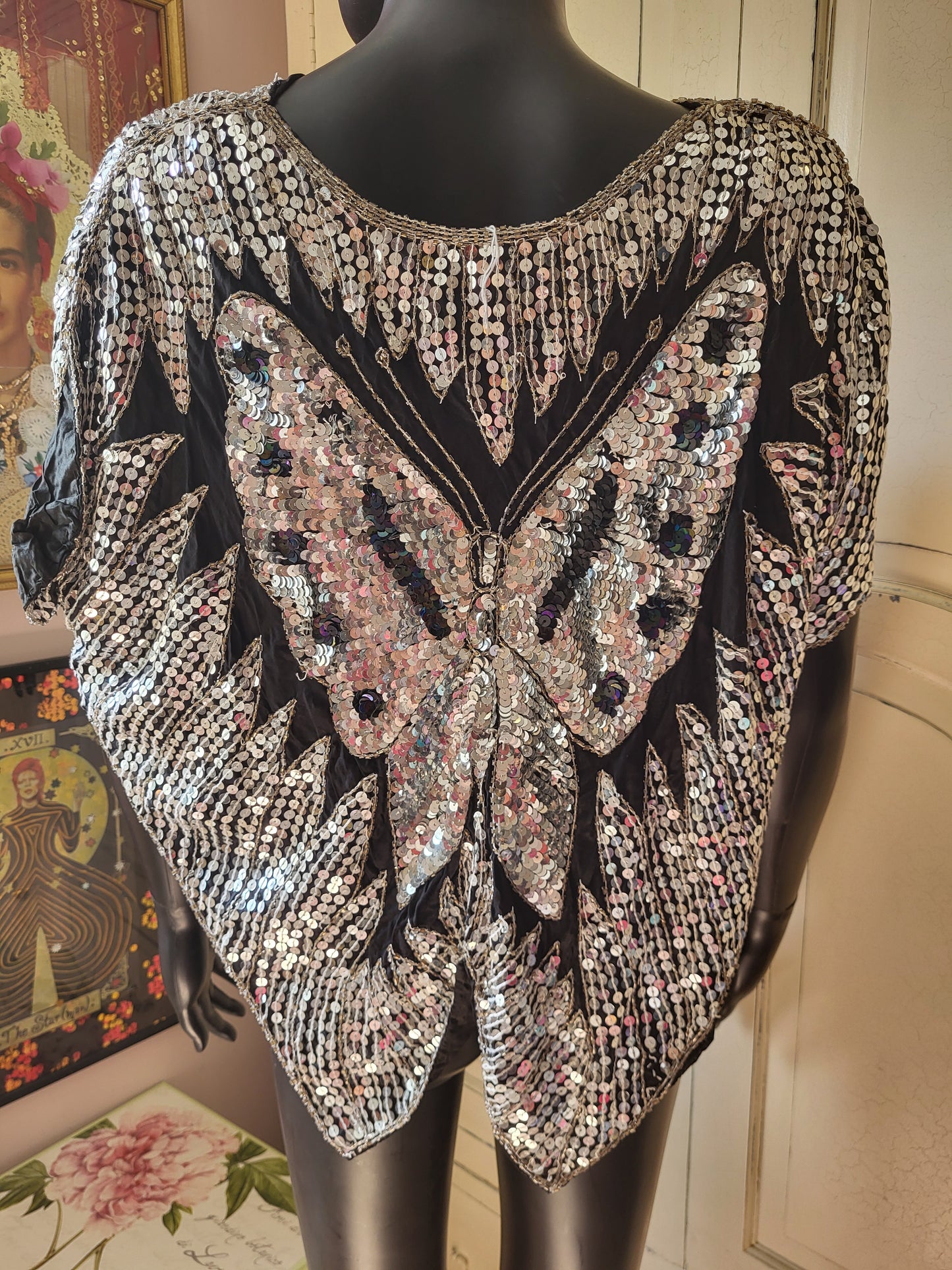 Vintage Made in India 100% Silk Embroidered Butterfly Poncho