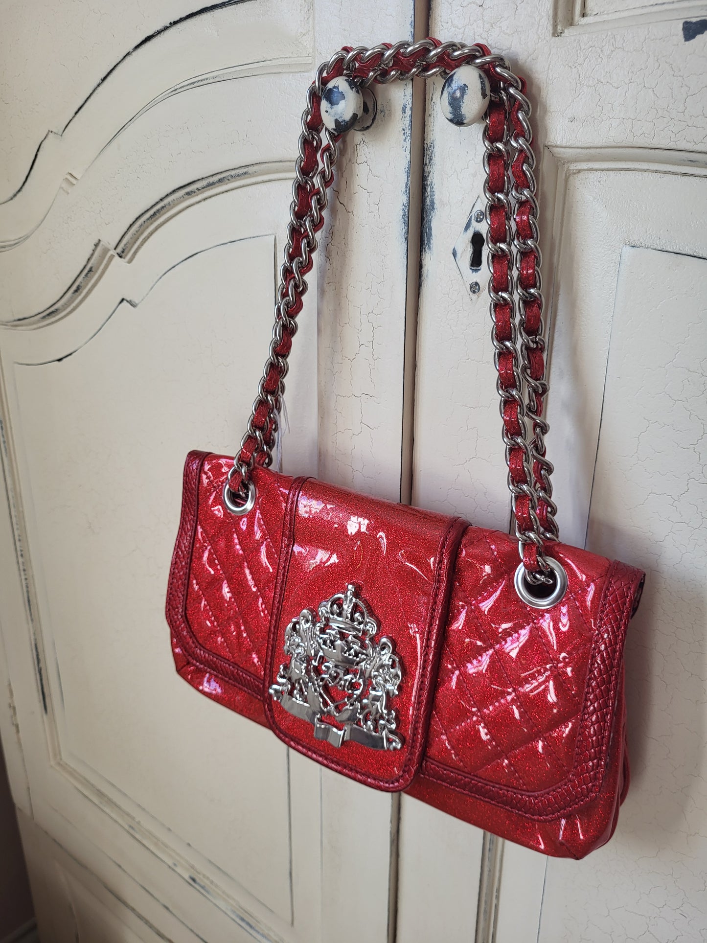 Julian Macdonald Red Patent Glitter Chain Bag with Silver Emblem
