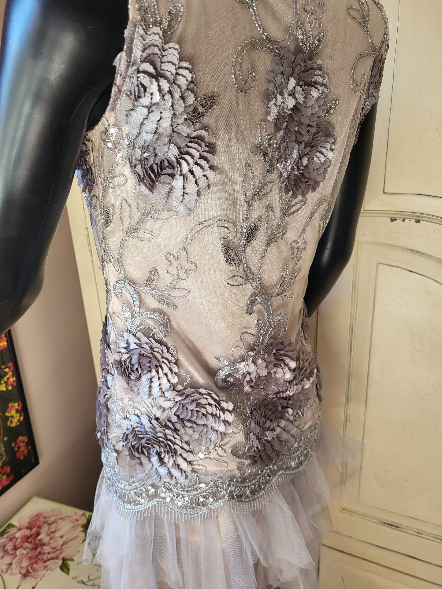 Vintage Silver Hand Embroidered Tulle Dress