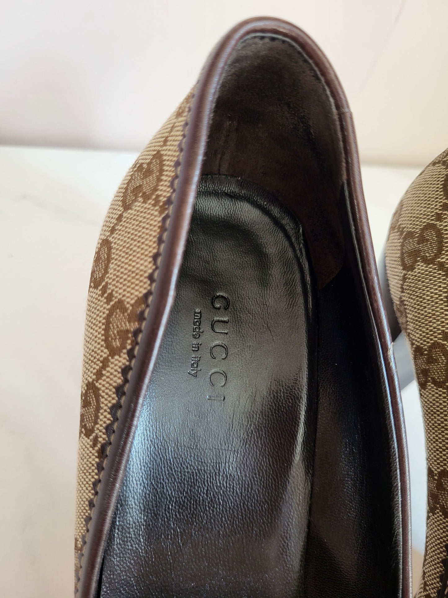 Gucci Leather Lined Classic Print Platform Heels