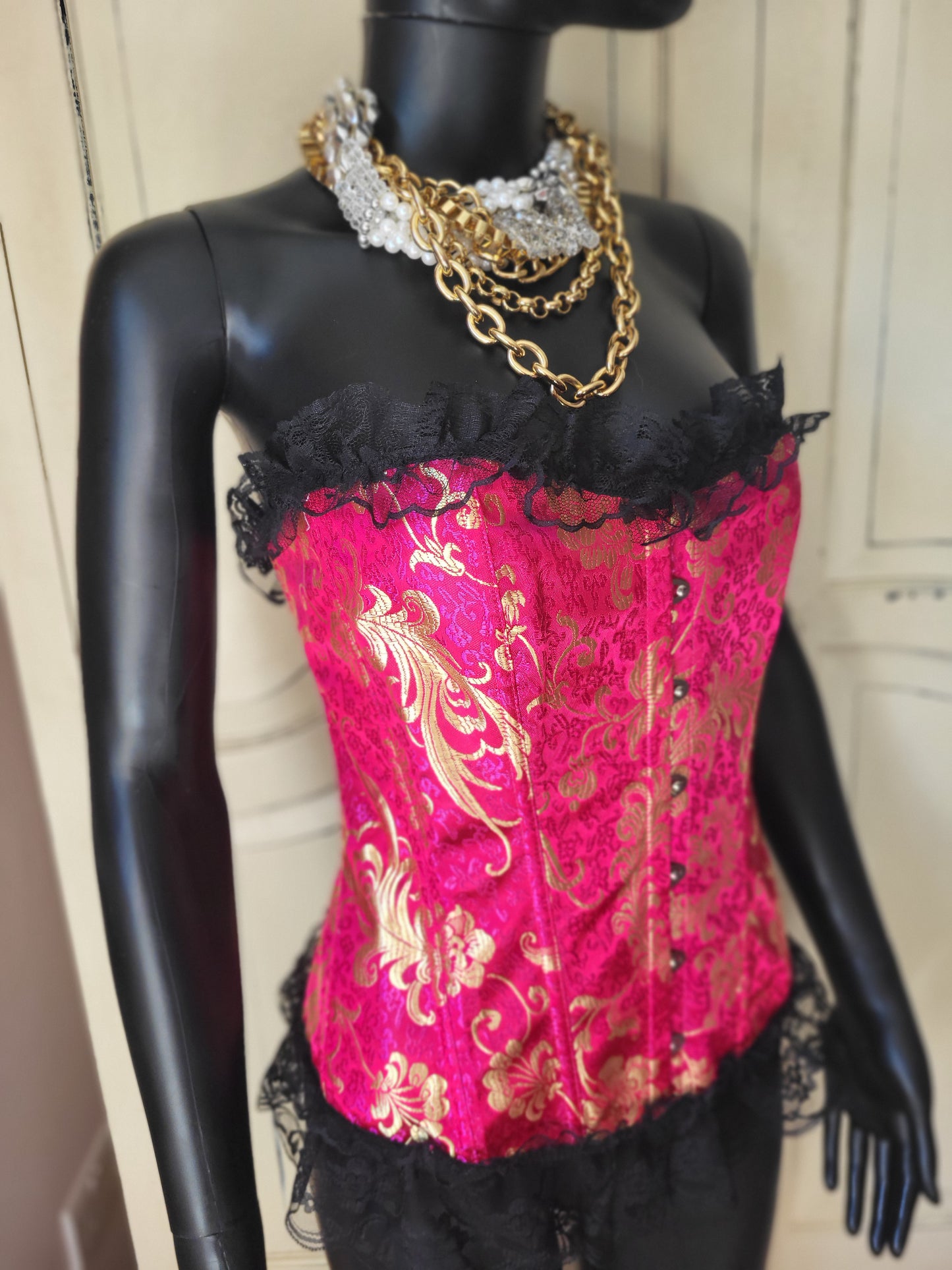 Fuchsia and Gold Basque with Black Lace Trim
