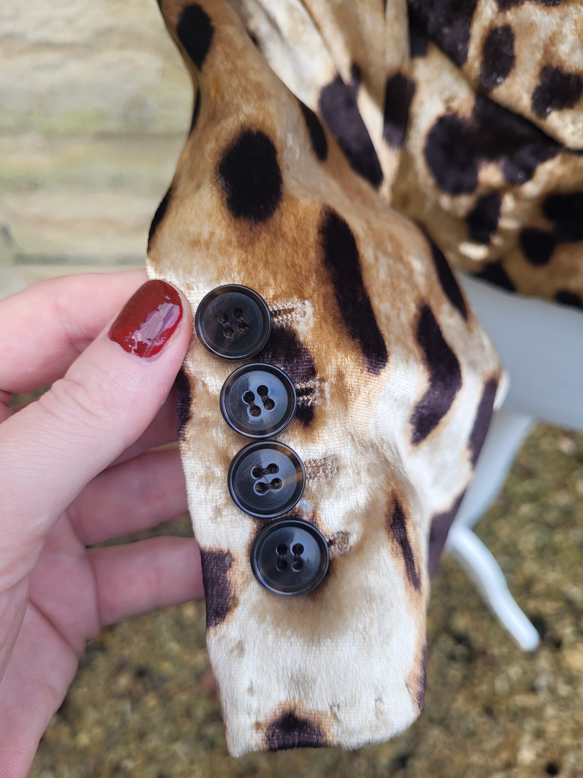 Dolce & Gabbana leopard print velvet blazer, luxury designer jacket. Close up of buttons. 