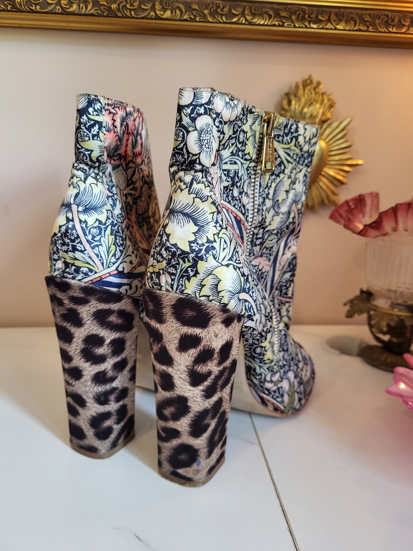 Vintage Satin Just Cavalli Floral and Leopard Print Ankle Boots