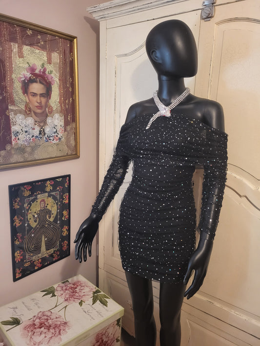 Sheer Off the Shoulder Diamante Black Mini Dress