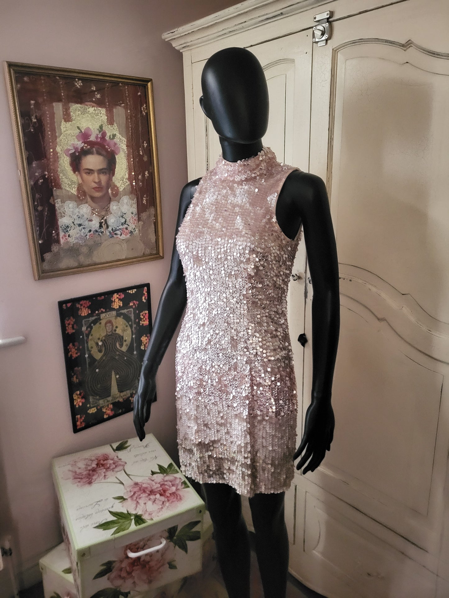 French Connection Rose Pink Sequin Shift Dress