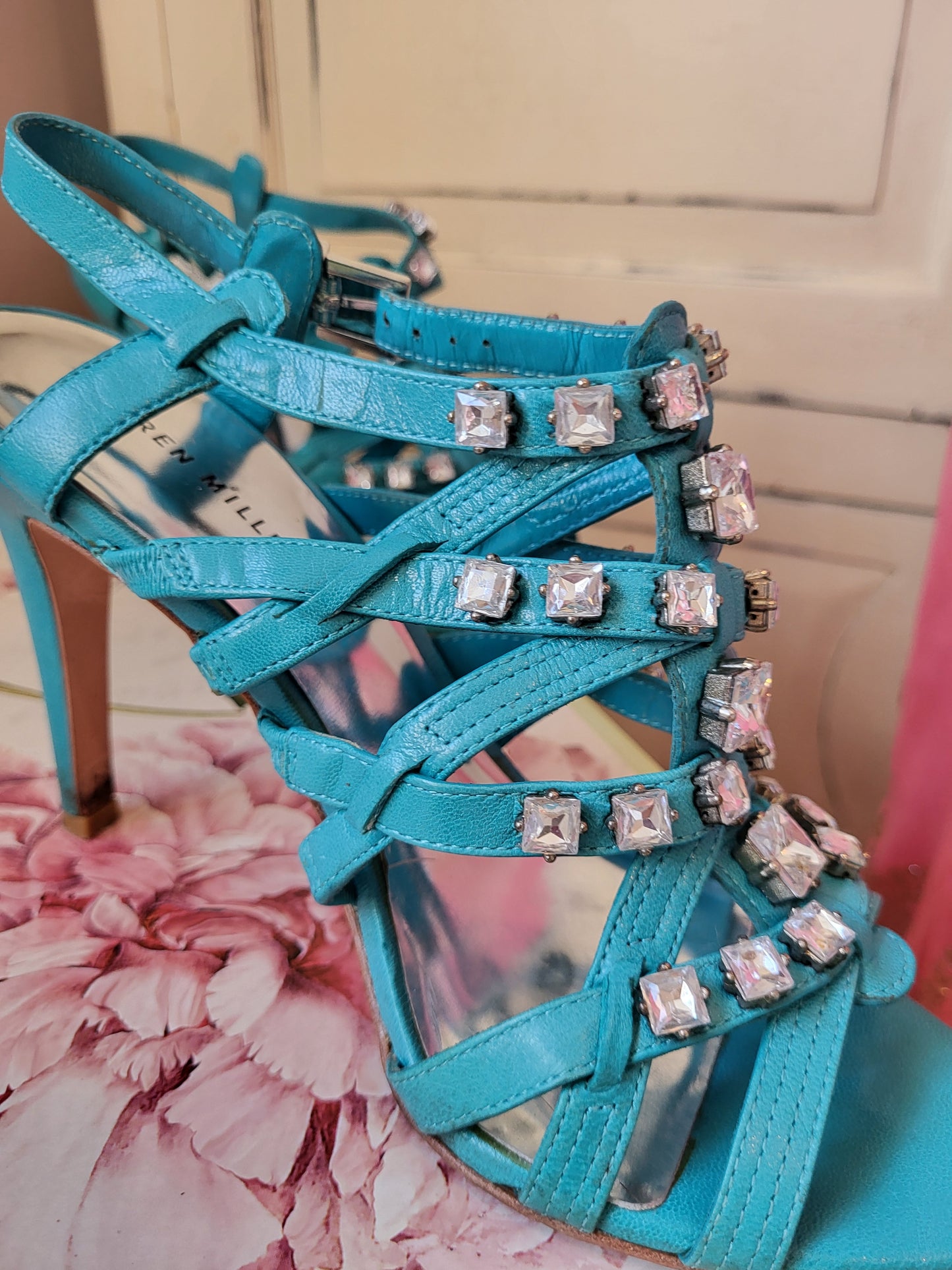 Karen Millen Turquoise Diamante Studded Heeled Sandals