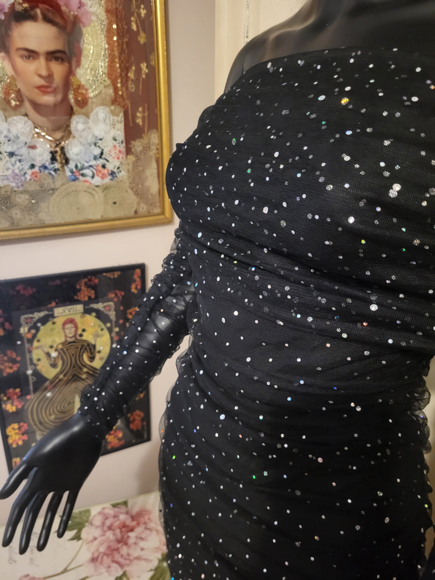 Sheer Off the Shoulder Diamante Black Mini Dress