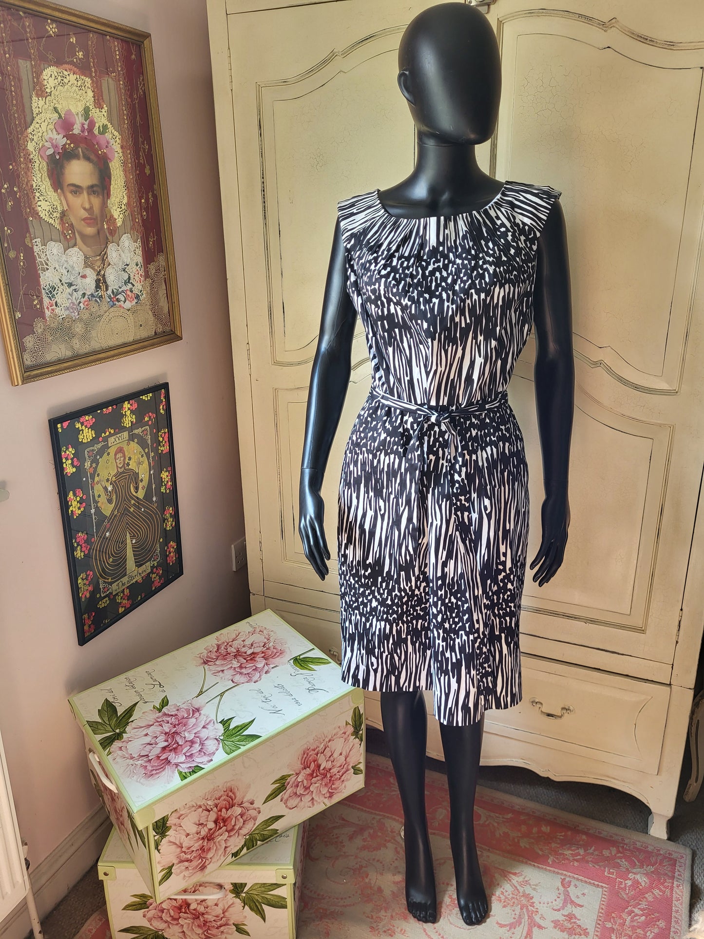 Calvin Klein Black and White Belted Shift Dress
