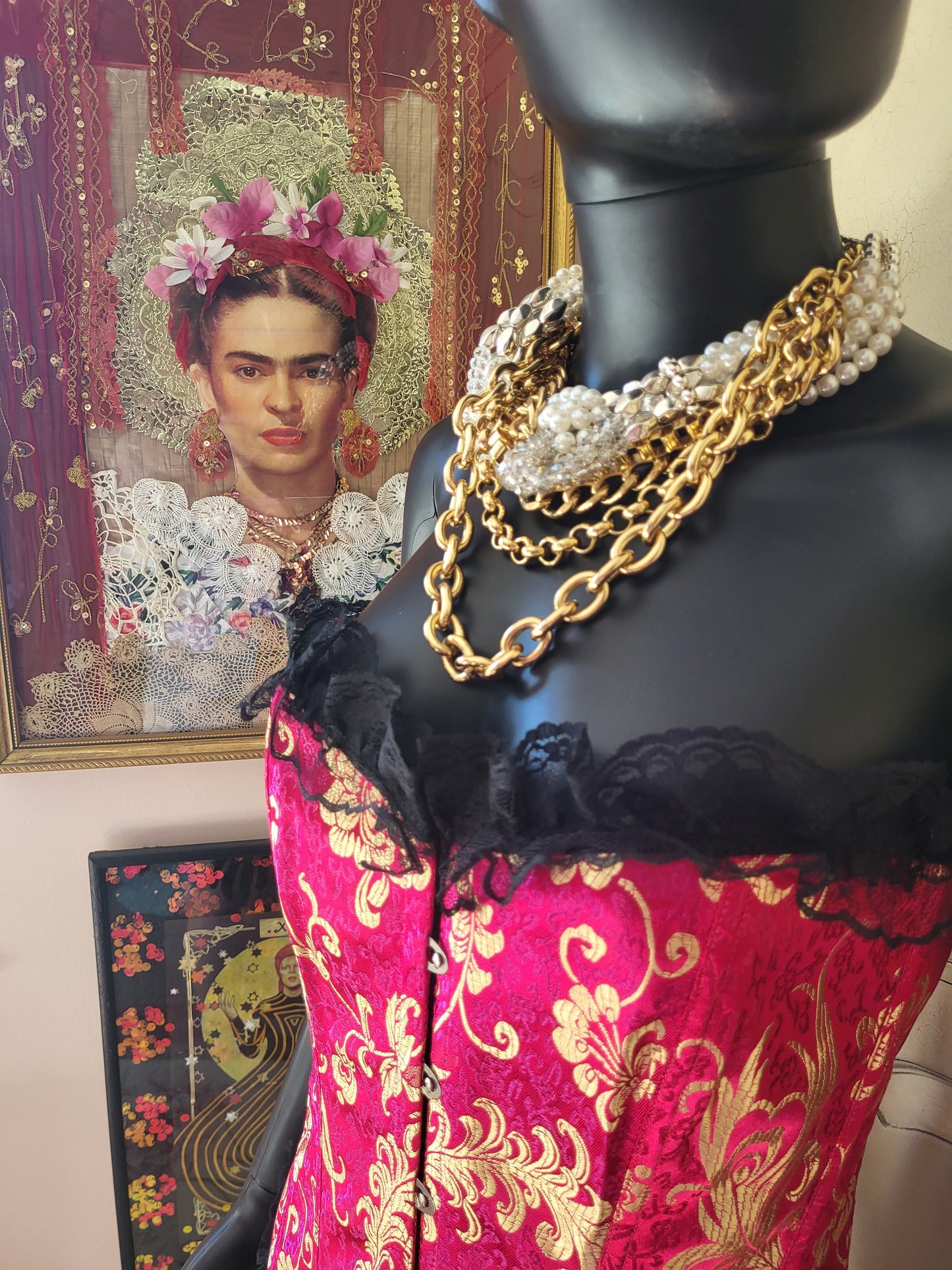 Fuchsia and Gold Basque with Black Lace Trim