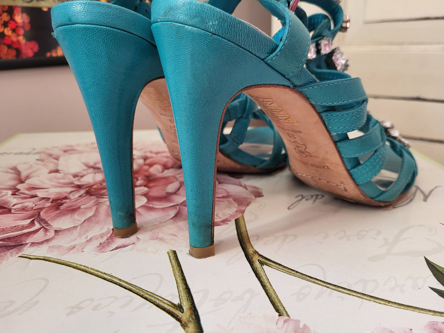 Karen Millen Turquoise Diamante Studded Heeled Sandals