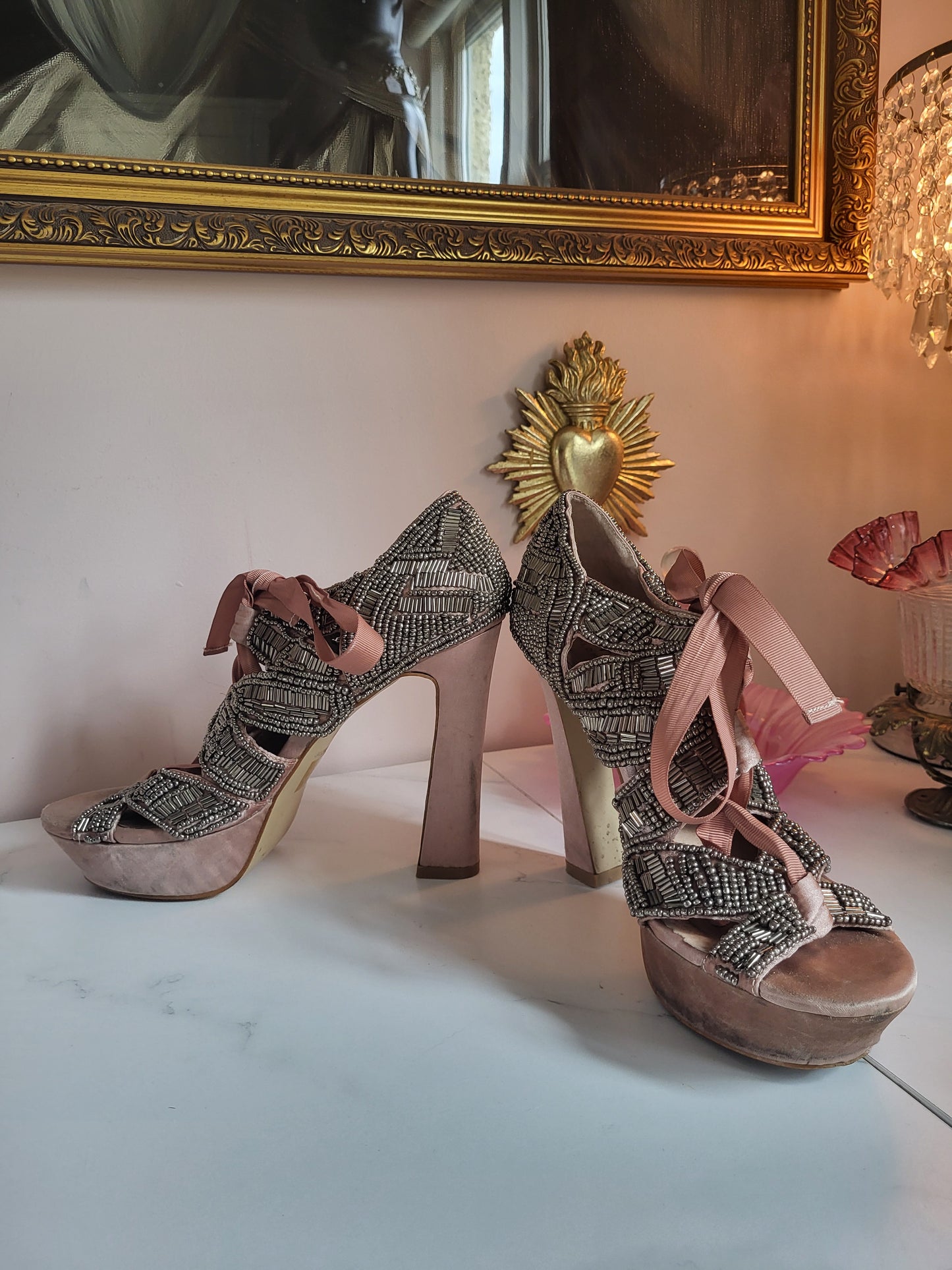 Vintage Fully Leather Lined Satin and Beaded Shoes