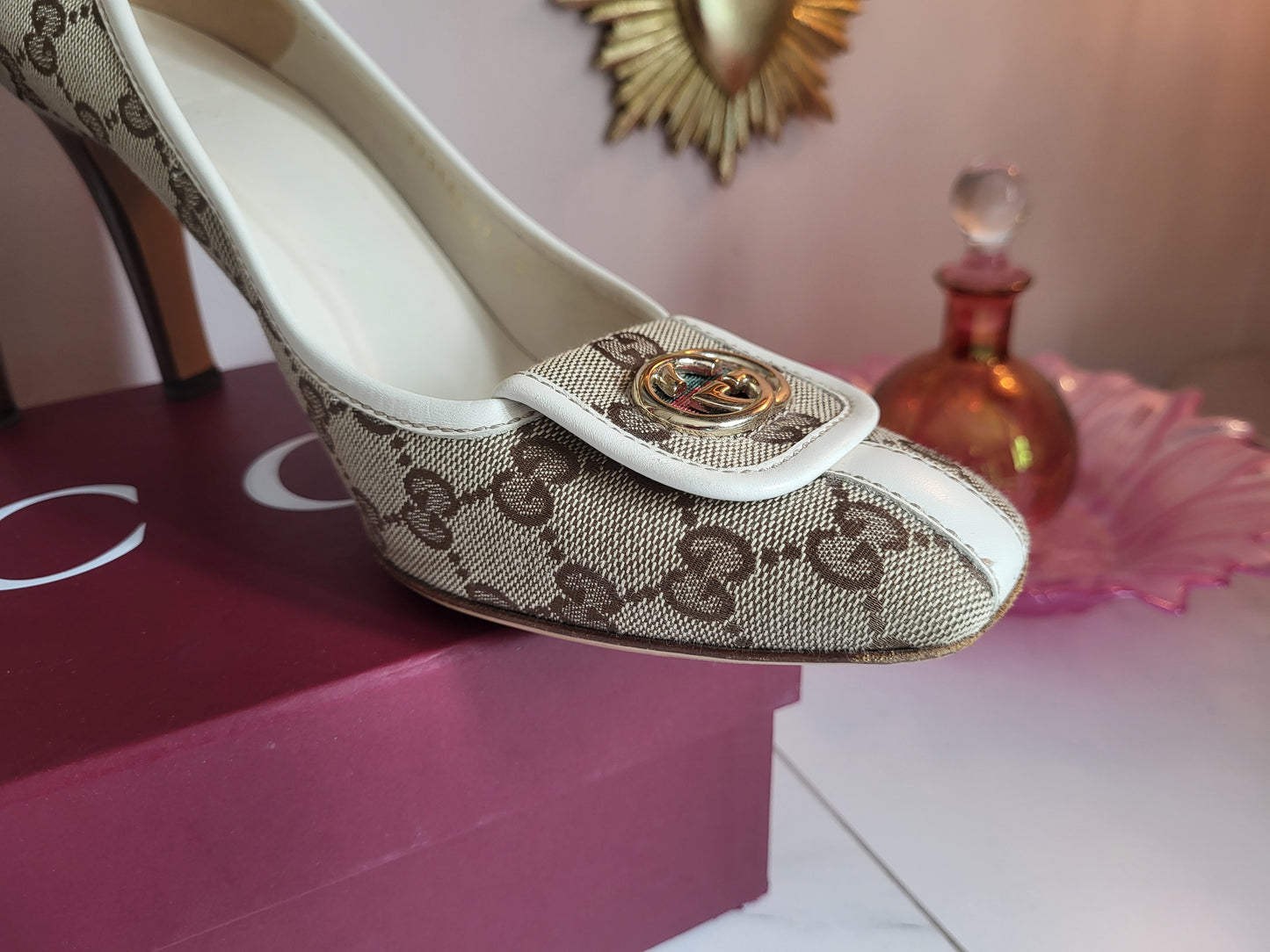 Gucci Classic Print Court Heels with Brass Emblems