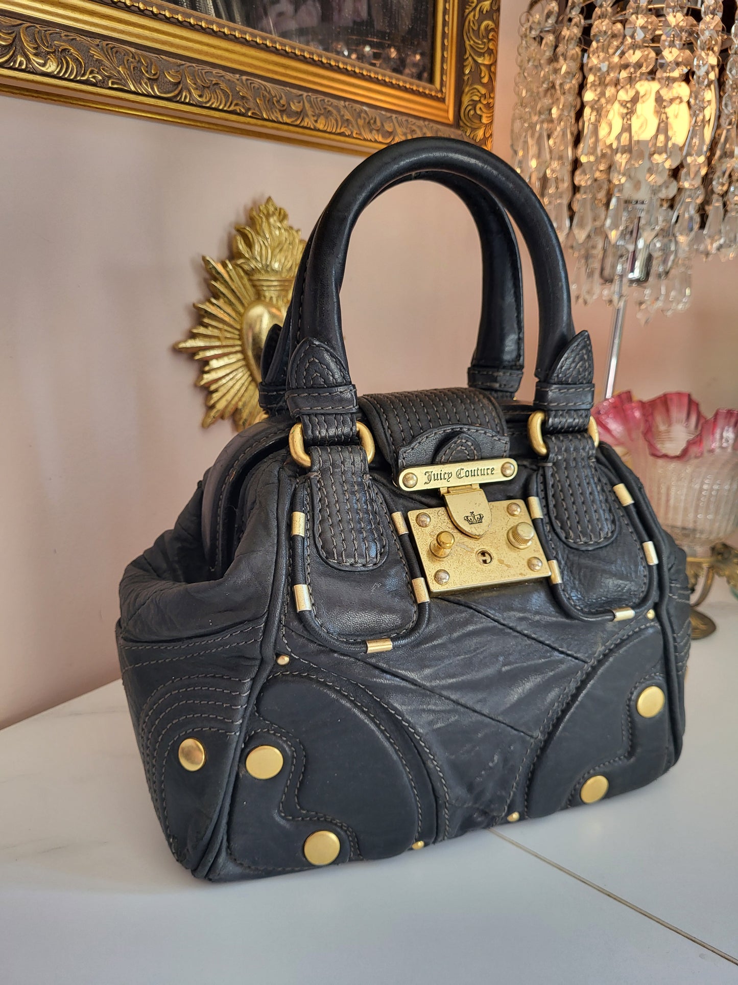 Vintage Juicy Couture Black Leather Satchel with Brass Hardware