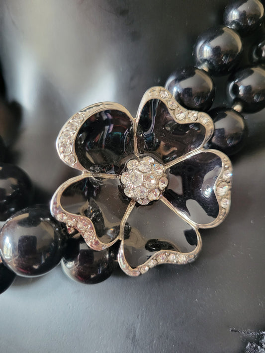 Statement Flower Beaded Necklace with Faux Diamante