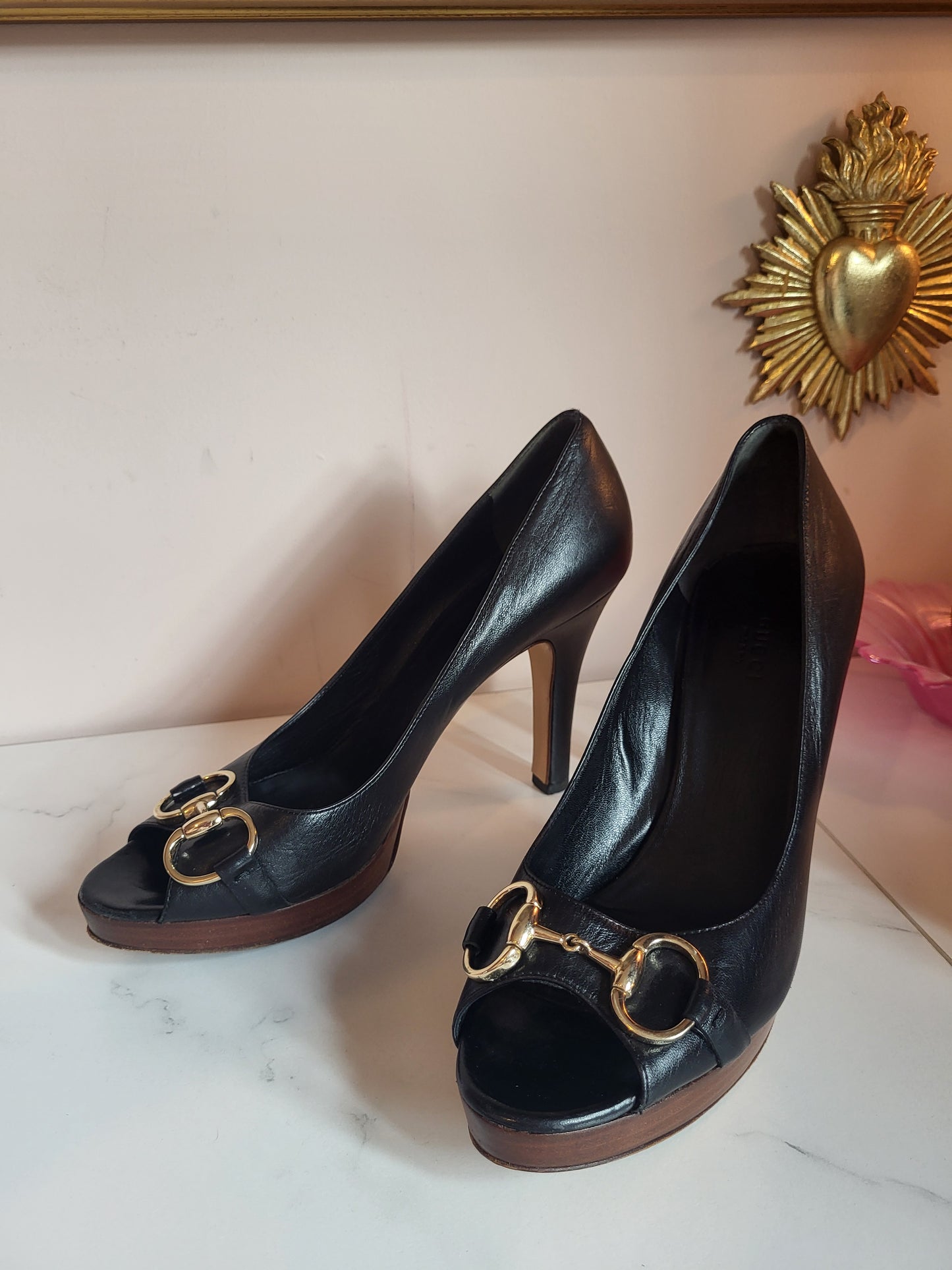 Gucci Black Classic Horsebit Peep Toe Platform Heels