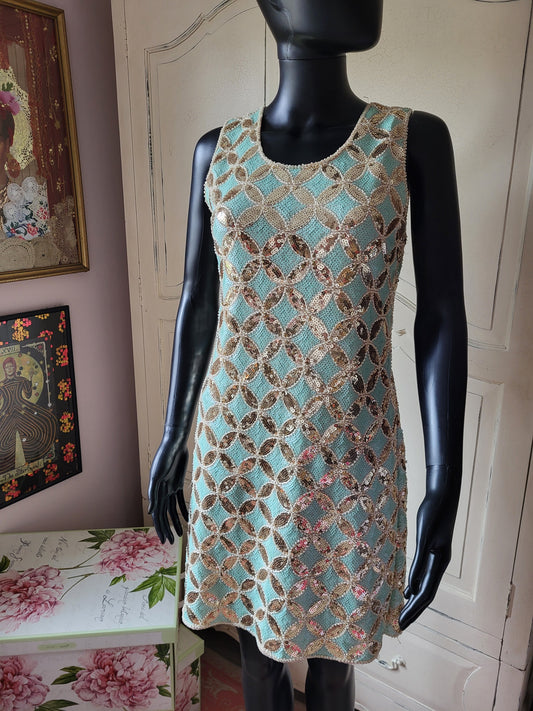 Vintage Turquoise Sequin Shift Dress