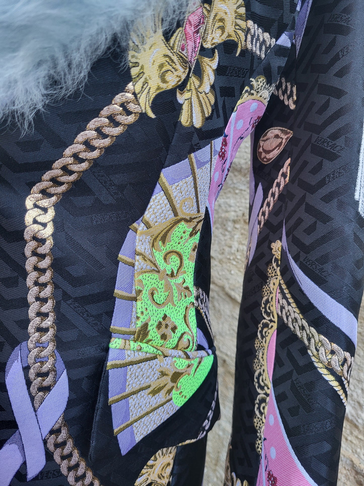 Versace Blue Faux Fur Collar Brocade Coat