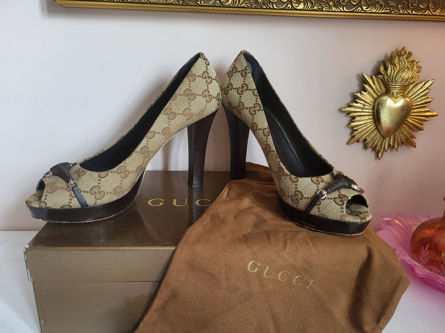 Gucci Platform Peep Toe Canvas Heels