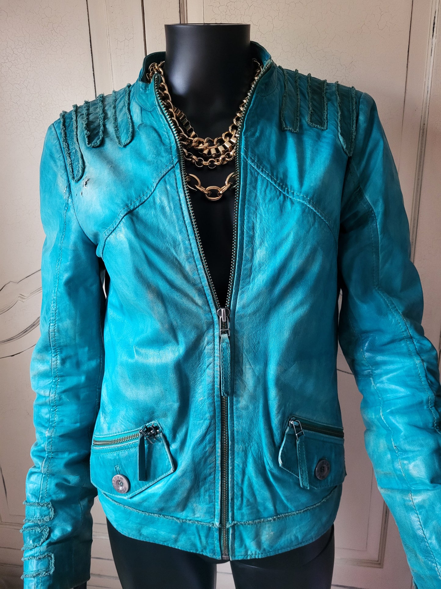 Vintage Maje Turquoise Distressed Leather Jacket