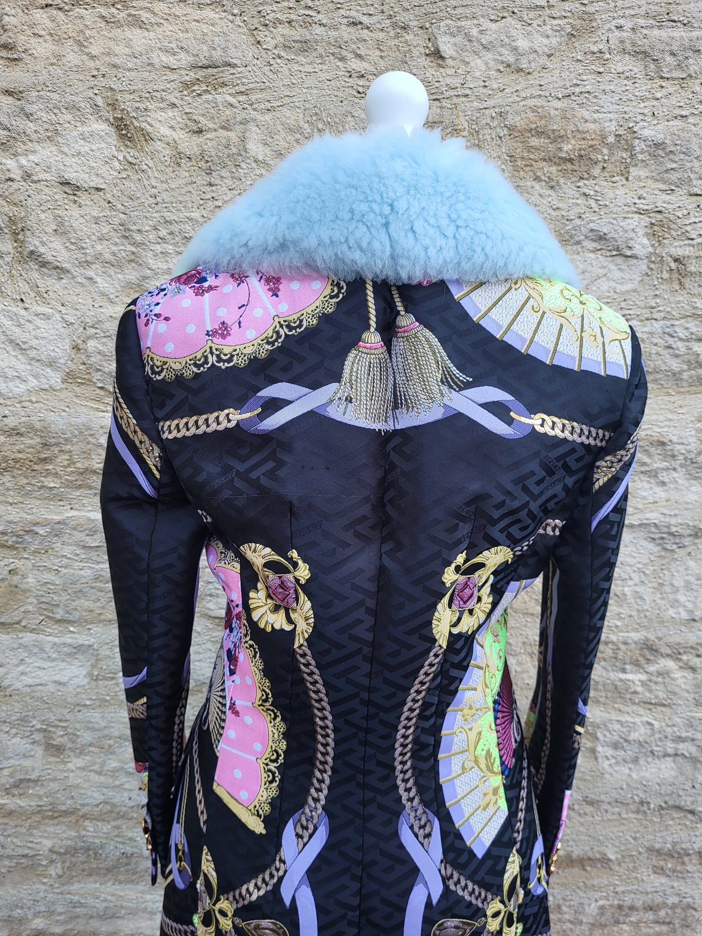 Versace Blue Faux Fur Collar Brocade Coat